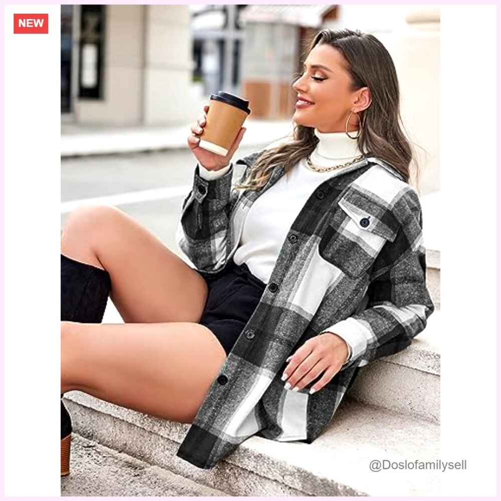 Plus Size Flannel Shacket Jacket Long Sleeve Butt… - image 5